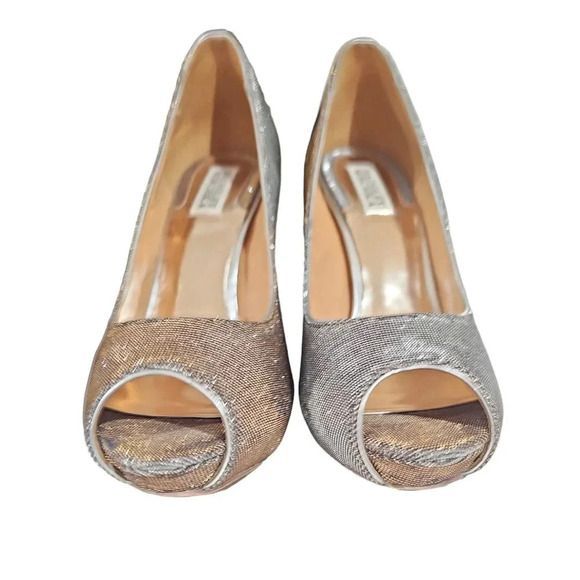 Badgley Mischka Metallic Silver Gold Peep Toe Glitter Pumps Size 9 - Picture 4 of 6